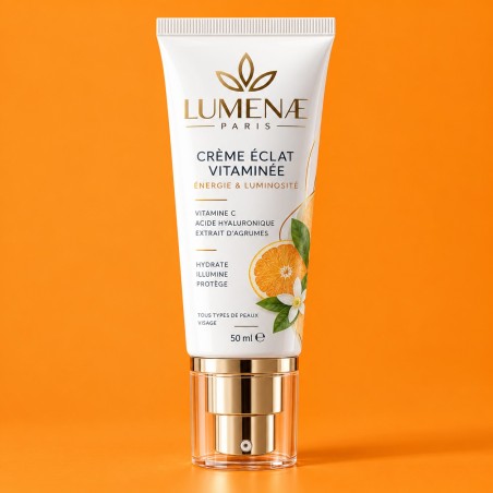 Crème vitaminée à la vitamine C et à l’acide hyaluronique pour une peau hydratée, lumineuse et éclatante.