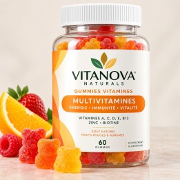 Gummies multivitaminés aux saveurs de fruits rouges et agrumes, pour accompagner énergie, vitalité et bien-être au quotidien.
