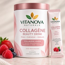 Collagène marin à boire aux fruits rouges, enrichi en acide hyaluronique, vitamine C, zinc et biotine.